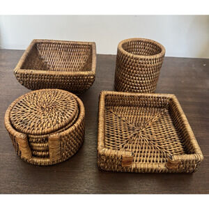 10 Piece Vintage Wicker Rattan Organizer Set Boho Coasters Baskets Pencil Holder
